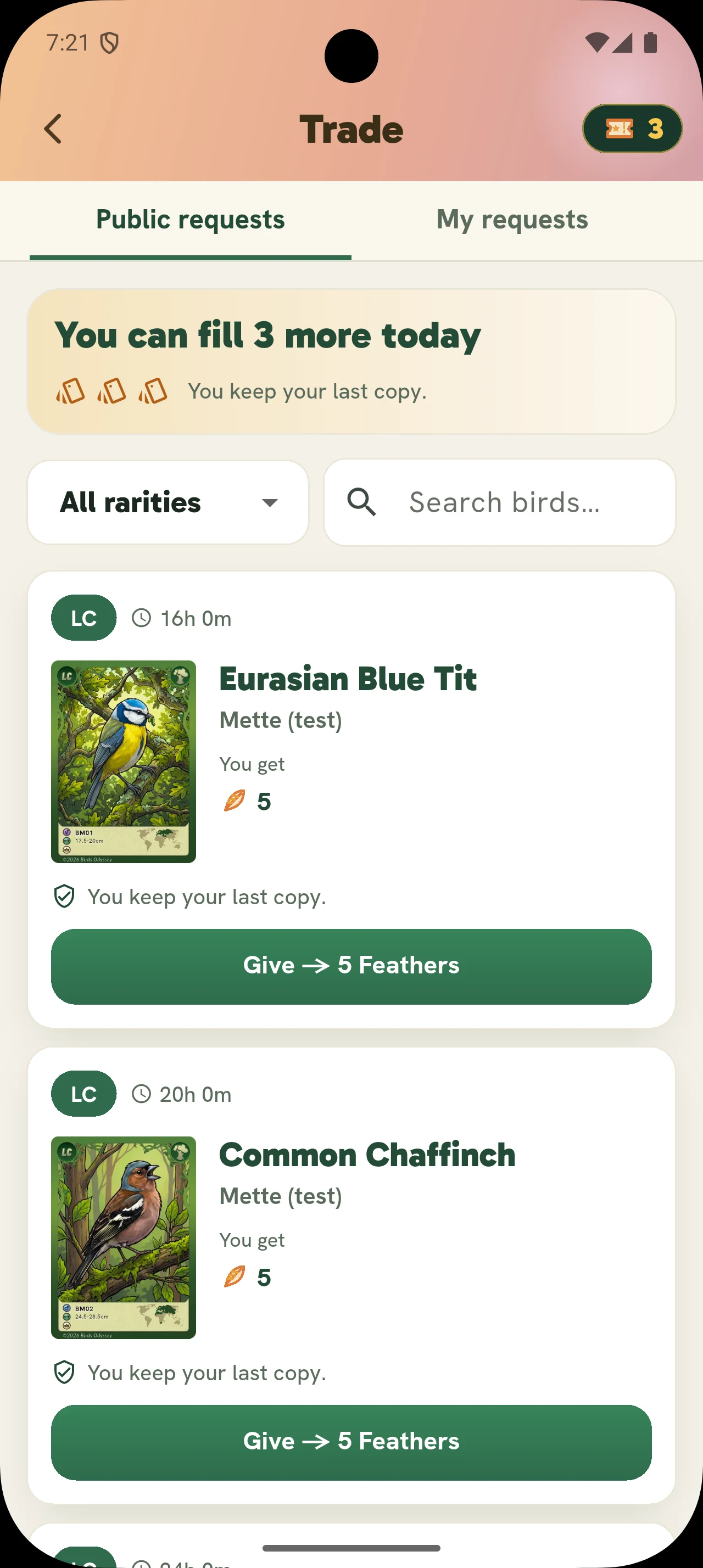 Birdey public card requests, where players can give a card