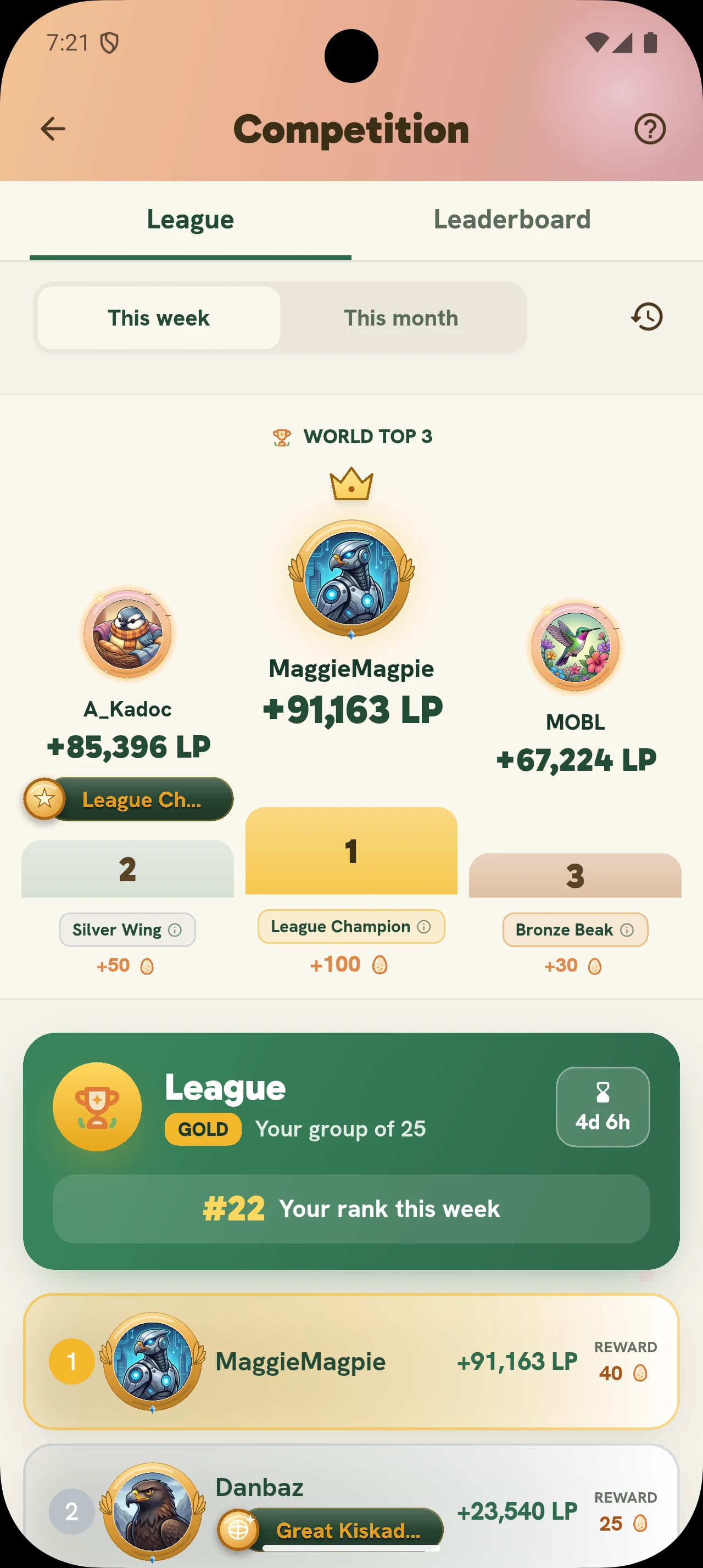 Birdey competition screen with a weekly league group