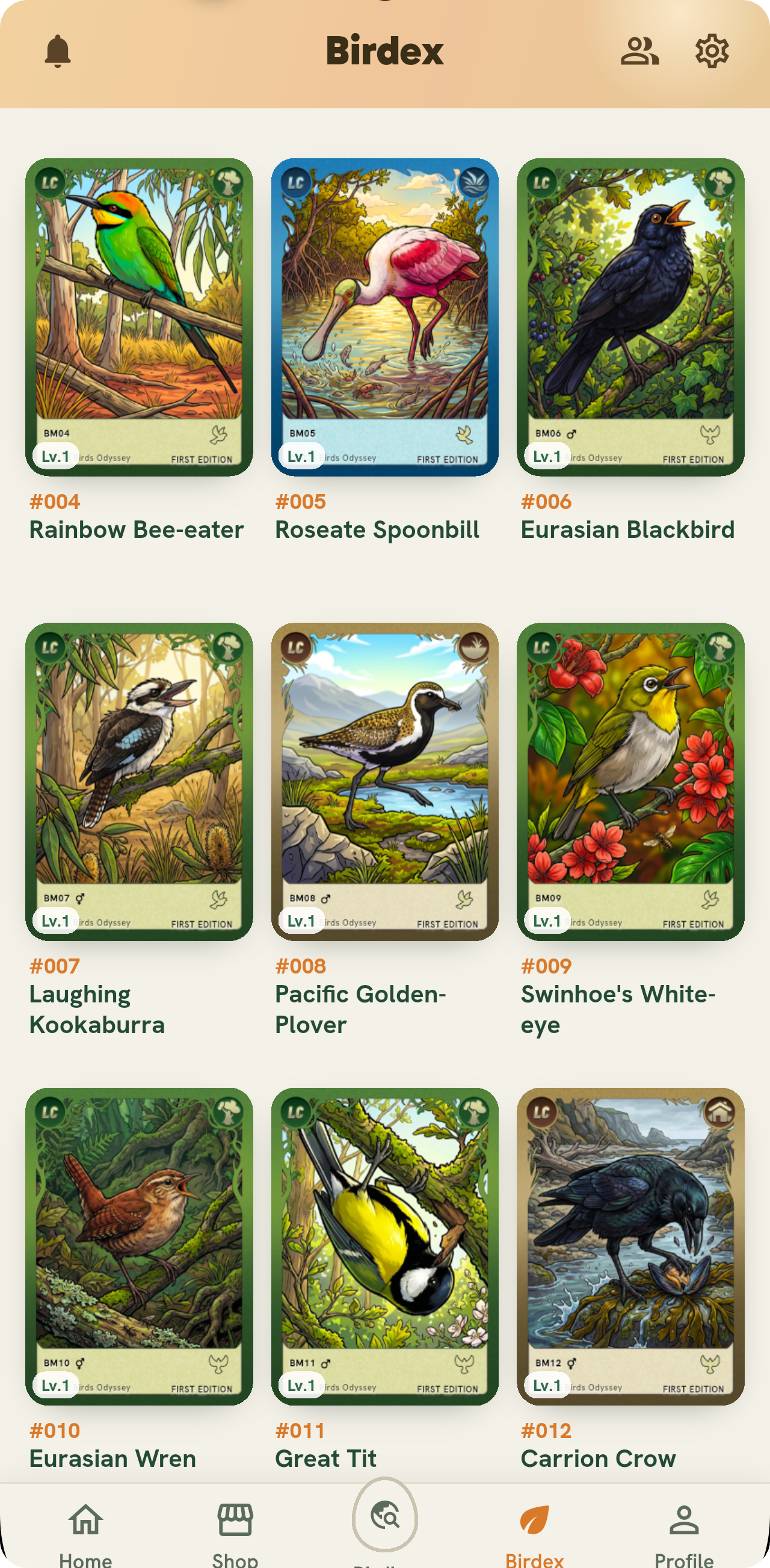 The Birdex collection screen